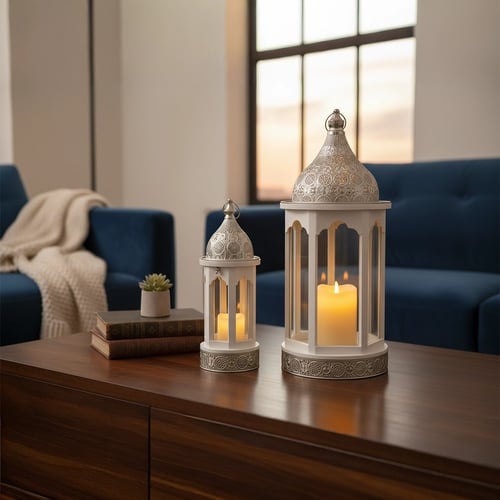 طقم فوانيس رمضان تراثي - قطعتين باللون الأبيض والف...