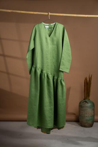 Green Crocodile Linen Long Dress