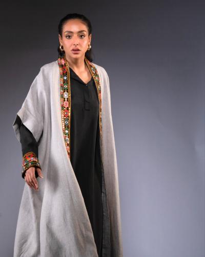 Black Silk Dress With Hand Embroidered Cape