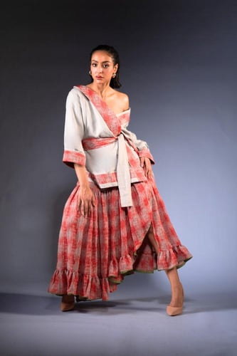 Red Wrapped Skirt With Gray Blazer and aBelt