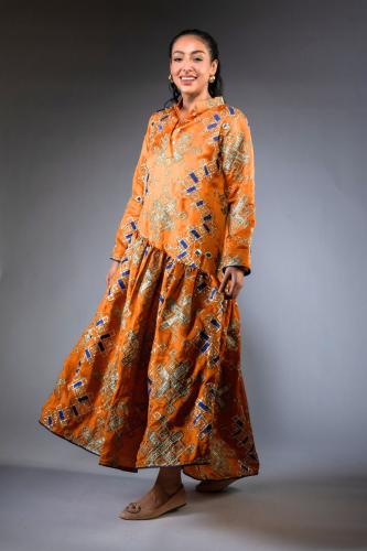 Orange With Gold Handmade Embroidery Silky Dress