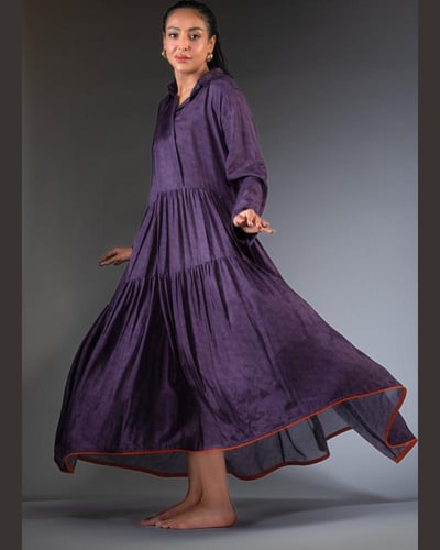 Long Flow Purple Silk Dress Plan with pipping