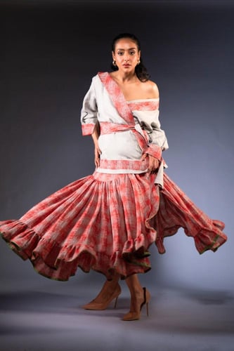 Red Wrapped Skirt With Gray Blazer and aBelt