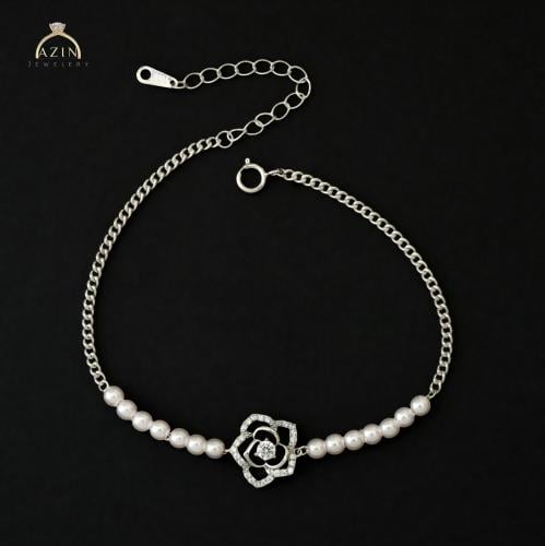 اسوارة لؤلؤ وردة لون اسود | فضة عيار 925