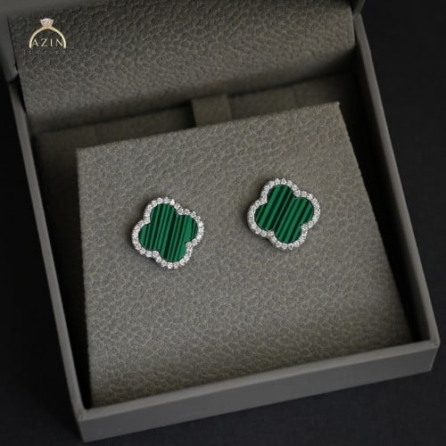 حلق وردة مقلم اخضر | فضة عيار 925