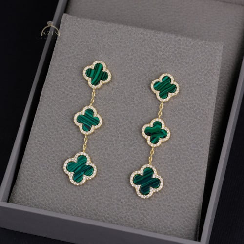 حلق مميز وردة اخضر مقلم | فضة عيار 925