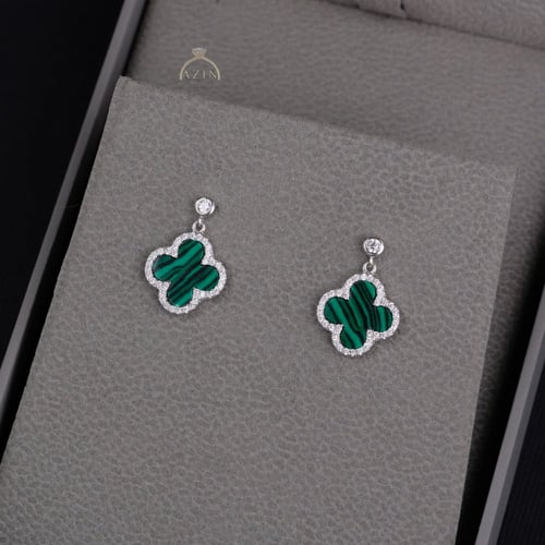 حلق وردة اخضر مقلم | فضة عيار 925