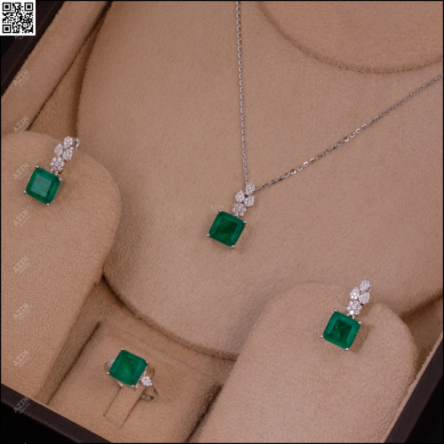 طقم 3 قطع حجر مربع اخضر H-S041 | فضة عيار 925