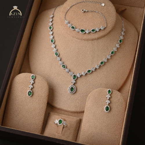 طقم ناعم احجار أخضر 4 قطع ST-146 | فضة عيار 925
