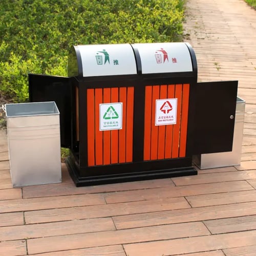 سلة مهملات خارجية خشبي احمر فتحتين GWD1176