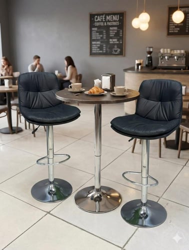 كرسي بار بمقعد جلد اسود مع قاعدة هيدروليك ستيل فضي...