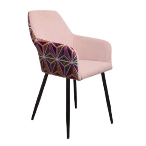 كرسي طعام وكافية قماش قطيفة وردي وظهر نقشة ملونة و...