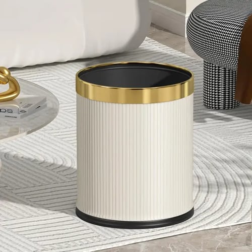 سلة مهملات دائرية بلاستيك ابيض مقلم باطار ستيل ذهب...