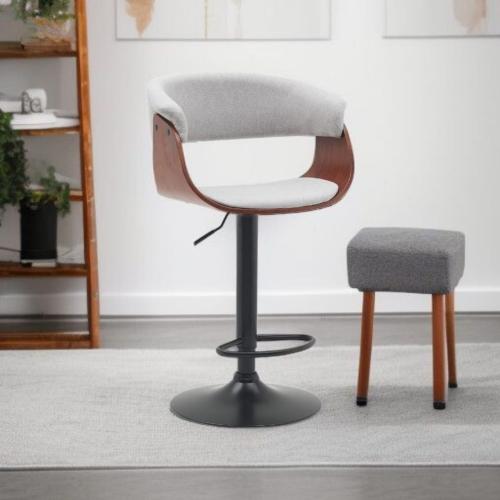 كرسي بار خشب مع مقعد قماش ابيض وقاعدة هيدروليك اسو...