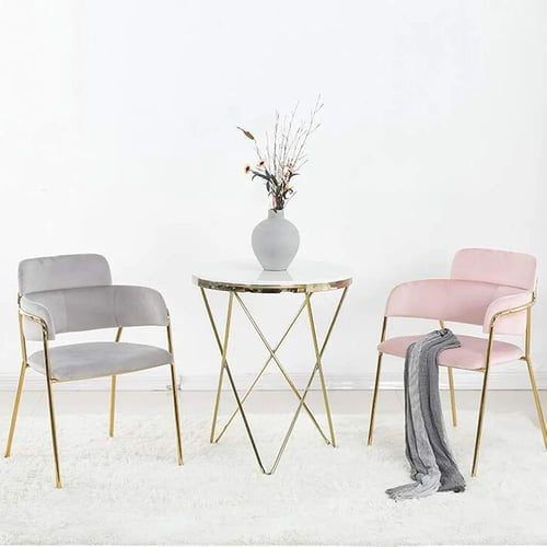 كرسي طعام وكافية قماش قطيفة وردي وقاعدة ارجل ستيل...