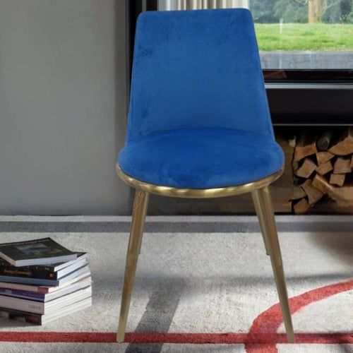 كرسي طعام قماش قطيفة لون ازرق مع قاعدة ارجل حديد ذ...