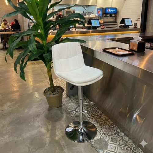 كرسي بار بمقعد جلد ابيض مع قاعدة هيدروليك ستيل فضي...