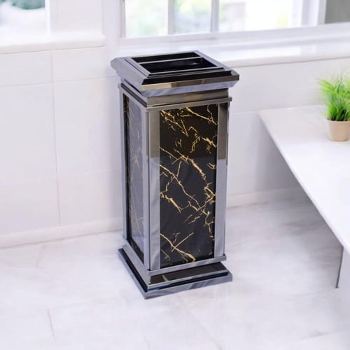 سلة مهملات مع طفاية سجائر ستيل لون فضي مع اسود مرخ...