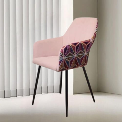 كرسي طعام وكافية قماش قطيفة وردي وظهر نقشة ملونة و...