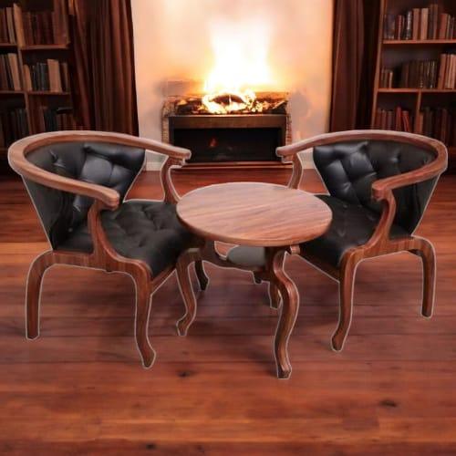 طقم طاولة ضيافة سطح خشبي دائري مع 2 كراسي جلد اسود...