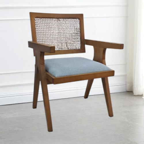 كرسي طعام خشب راتان مع مقعد قماش لون ازرق فاتح سما...