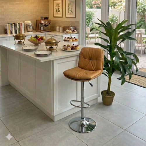 كرسي بار بمقعد جلد بني جملي مع قاعدة هيدروليك ستيل...