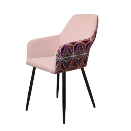 كرسي طعام وكافية قماش قطيفة وردي وظهر نقشة ملونة و...