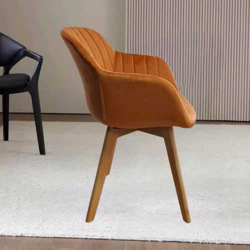 كرسي طعام وكافية قماش قطيفة برتقالي وقاعدة ارجل خش...