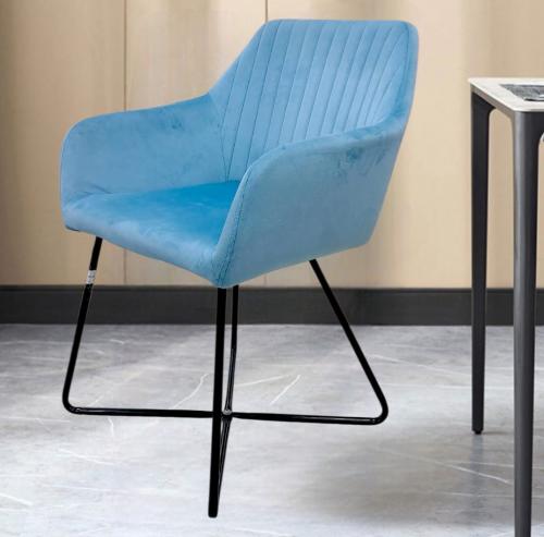 كرسي طعام وكافية قماش قطيفة ازرق وقاعدة ارجل حديد...