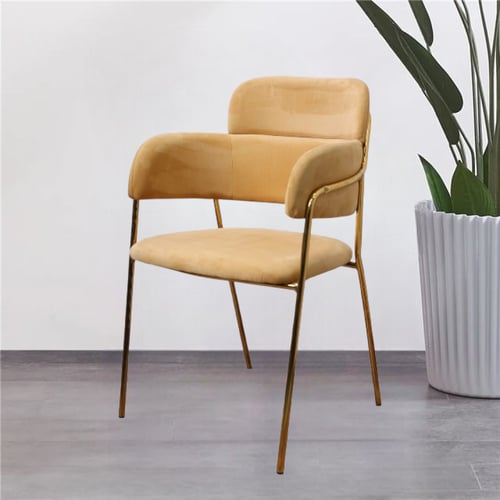 كرسي طعام وكافية قماش قطيفة اصفر وقاعدة ارجل ستيل...