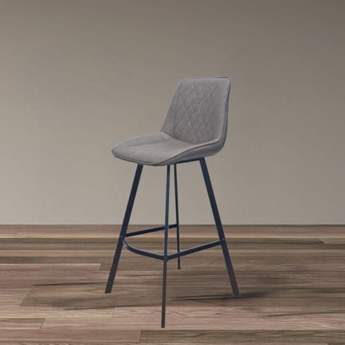 كرسي بار جلد رمادي و قاعدة اربع ارجل حديد لون اسود