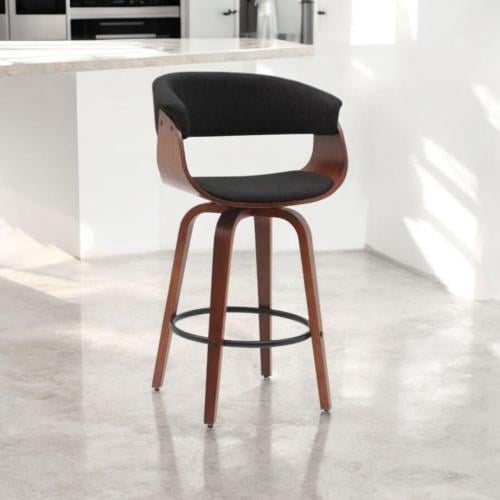 كرسي بار خشب مع مقعد قماش اسود قاعدة ارجل حديد لون...