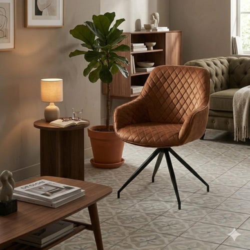 كرسي طعام وكافيه بيد قماش قطيفة مربعات بني DM-C590...