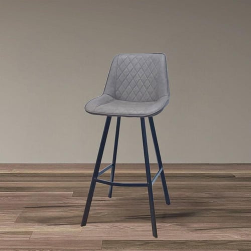 كرسي بار جلد رمادي و قاعدة اربع ارجل حديد لون اسود