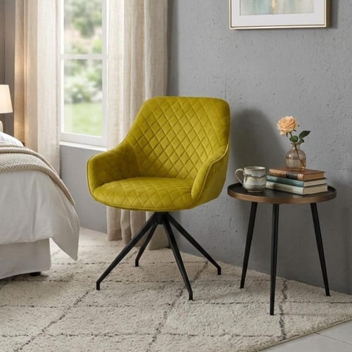 كرسي طعام وكافيه بيد قماش قطيفة مربعات اصفر زيتي D...