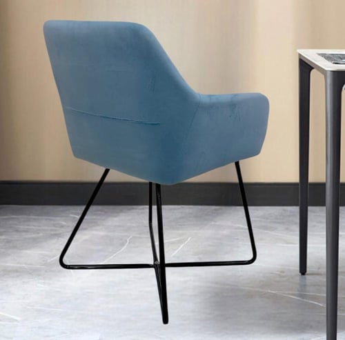 كرسي طعام وكافية قماش قطيفة ازرق وقاعدة ارجل حديد...