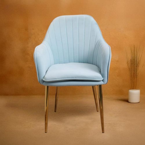 كرسي طعام وكافية قماش قطيفة ازرق فاتح وقاعدة حديد...