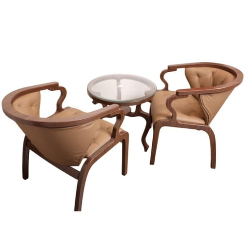 طقم طاولة ضيافة سطح زجاجي دائري مع 2 كراسي جلد بني...