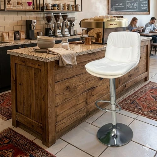 كرسي بار بمقعد جلد ابيض مع قاعدة هيدروليك ستيل فضي...