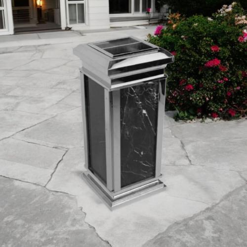 سلة مهملات مع طفاية سجائر ستيل لون فضي مع اسود مرخ...