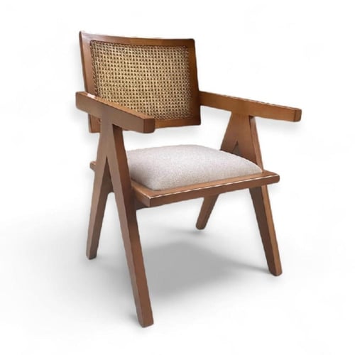 كرسي طعام خشب راتان مع مقعد قماش لون ازرق فاتح سما...