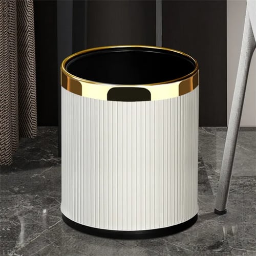 سلة مهملات دائرية بلاستيك ابيض مقلم باطار ستيل ذهب...