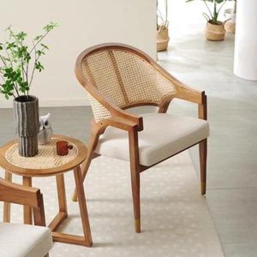 كرسي طعام خشب راتان مع مقعد قماش لون بيج