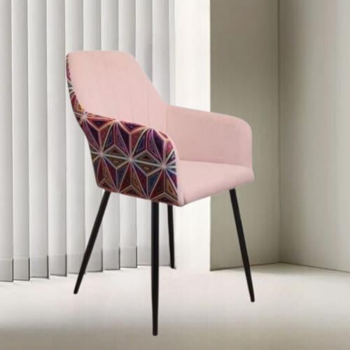 كرسي طعام وكافية قماش قطيفة وردي وظهر نقشة ملونة و...