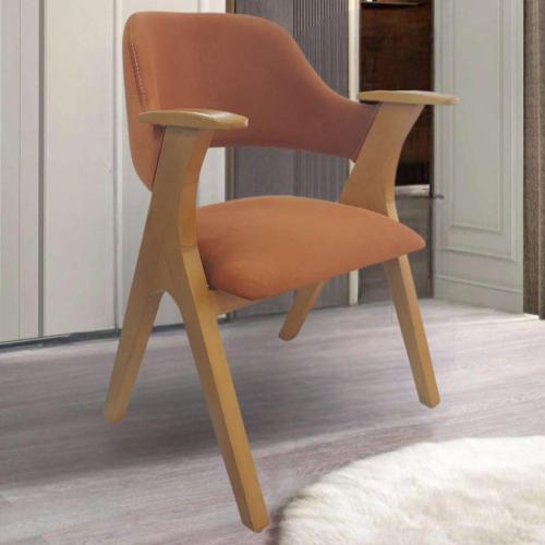 كرسي طعام خشب مع مقعد قماش قطيفة لون برتقالي
