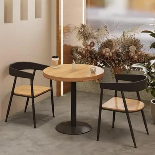 طاولة طعام خشب لون بيج دائرية 60CM قاعدة حديد اسود...