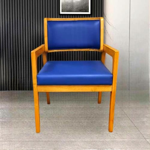 كرسي طعام خشب بيج مع مقعد جلد ازرق GWD1450BLUE