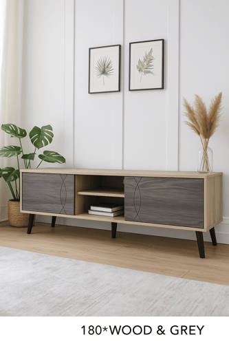 طاولة تلفزيون خشبية بلون رمادي خشبي - متعددة المقا...