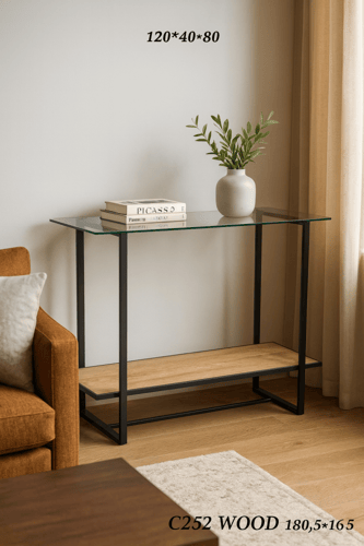 طاولة كونسول خشب مع زجاج بإطار معدني