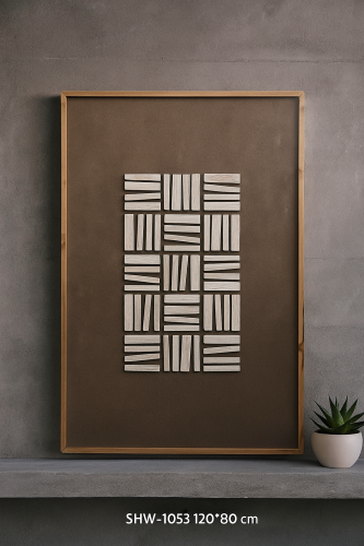 لوحة جدارية هندسية بإطار خشبي طبيعي أنيق